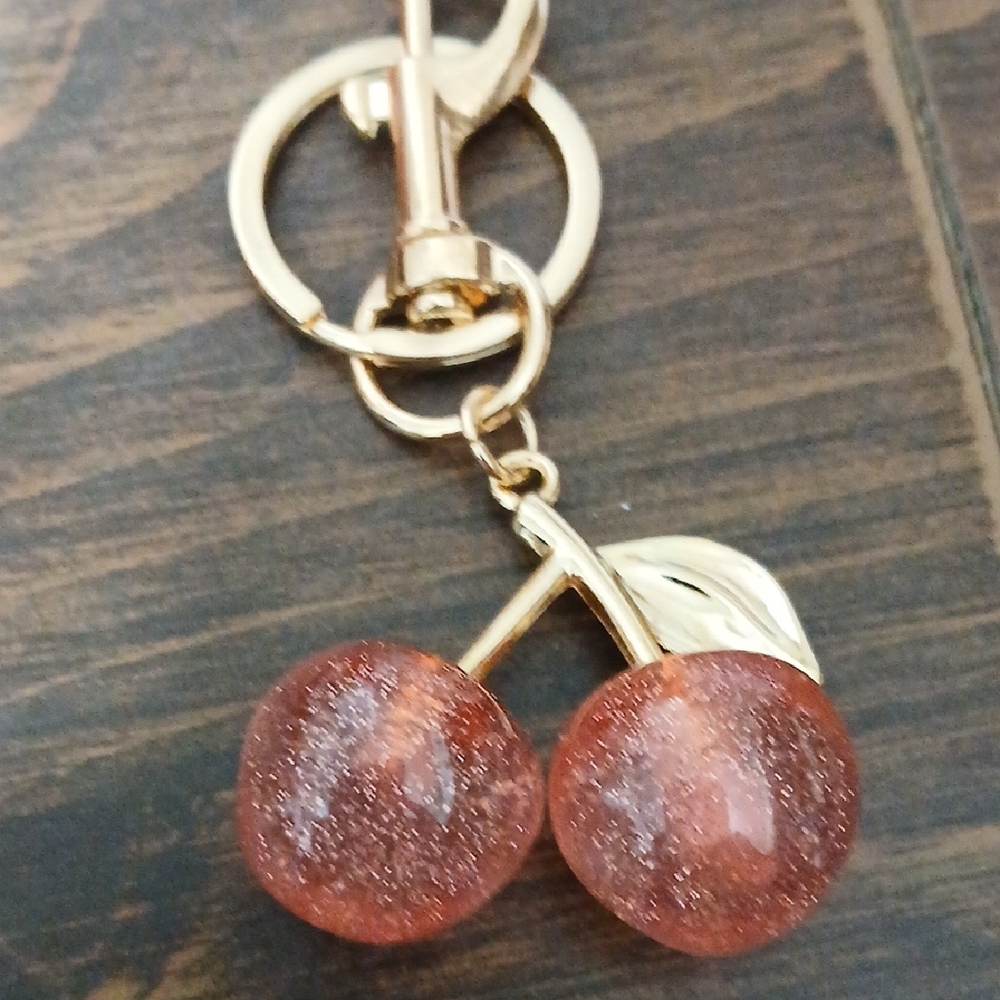 Gold and PINK Cherry Keychain NEW